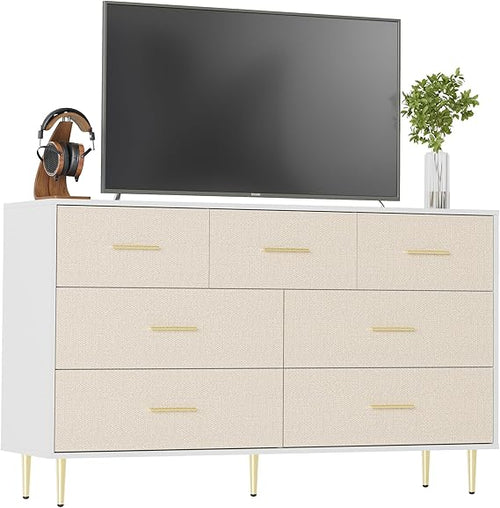 7-Drawer White Dresser with Linen-Textured Fronts & Gold Accents