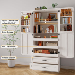 71" Farmhouse Kitchen Pantry Cabinet with Pull-Out Shelves & Drawers
