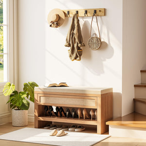 Farmhouse Shoe Bench with Storage Drawer & Linen Cushion