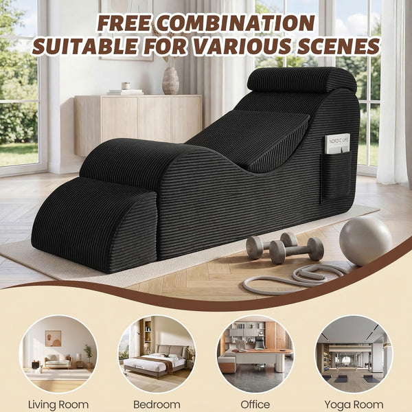 Ergonomic Yoga Chaise Lounge Chair with Headrest, Lumbar Pillow & Ottoman