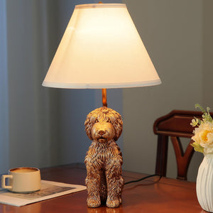 Resin Doodle Dog Table Lamp with Fabric Shade – Golden Sculptural Bedside Accent Light