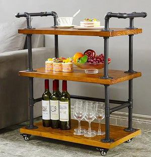 Industrial Pipe Bar Cart with Shelves and Wheels