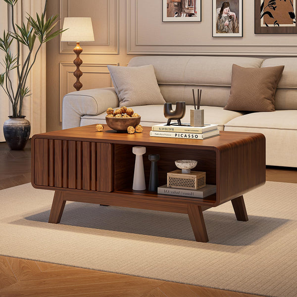 Mid-Century Modern Coffee Table with Sliding Cabinet Door