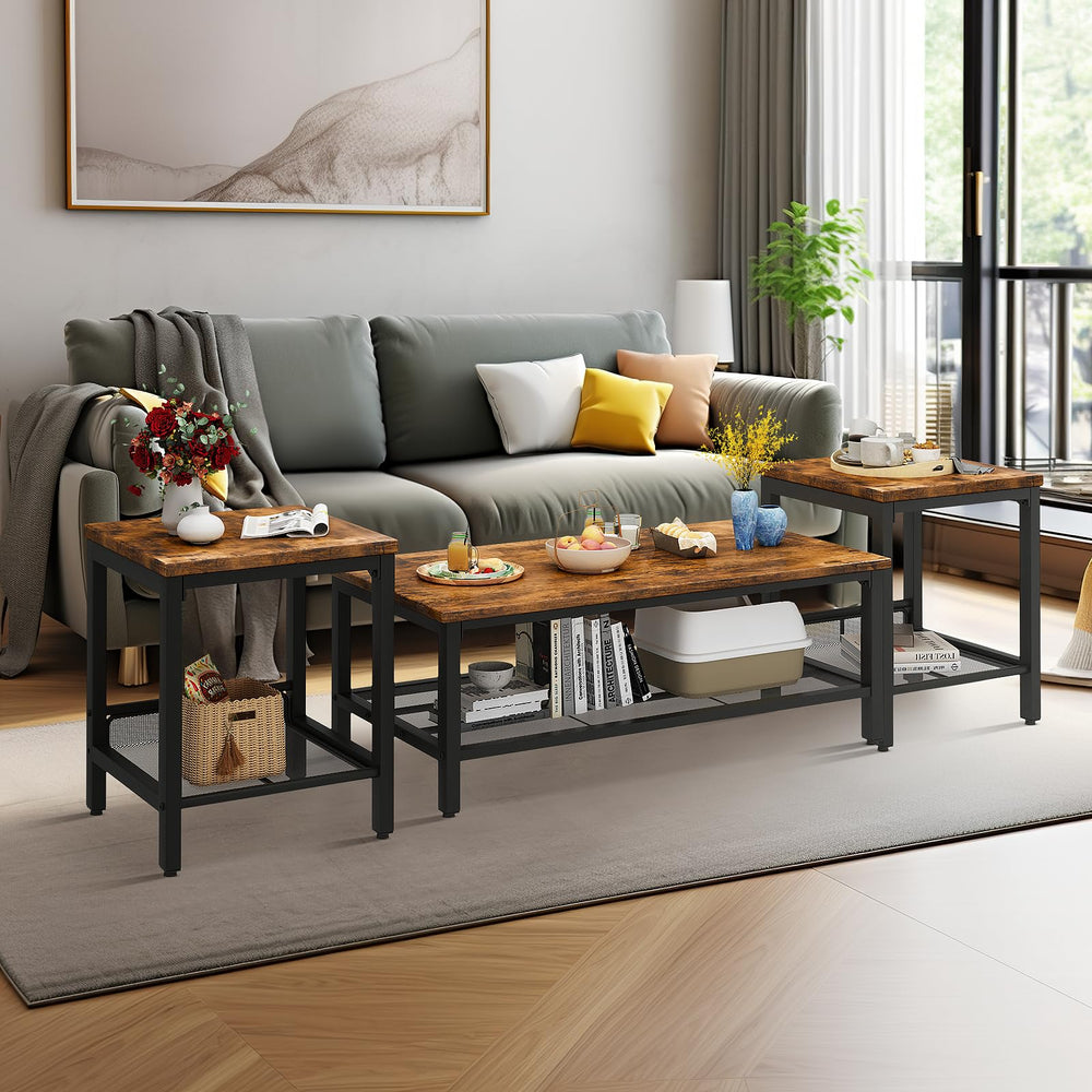 3-Piece Coffee Table and End Table Set – Rustic Brown Wood & Metal