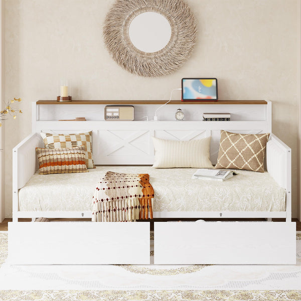 Twin Size Farmhouse Daybed with Storage Drawers & Charging Station