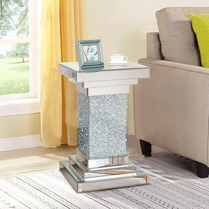 Mirrored End Table with Crystal Inlay – Silver Accent Side Table