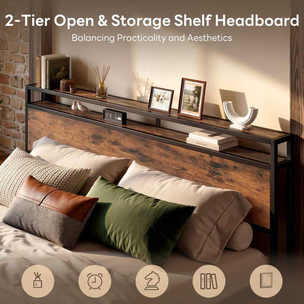 King & Queen Platform Bed Frame with 12 Storage Drawers & Headboard