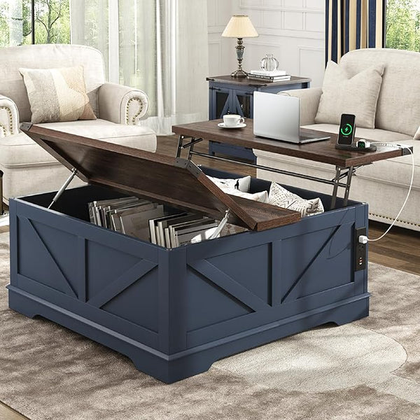 40" Square Lift Top Coffee Table with Power Outlets & Hidden Storage