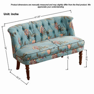 Victorian Armless Loveseat with Tufted Back & Solid Wood Legs – Floral Blue