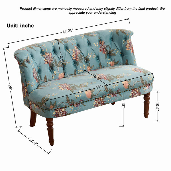 Victorian Armless Loveseat with Tufted Back & Solid Wood Legs – Floral Blue