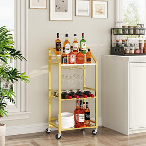 MAHANCRIS Bar Cart with Mirrored Shelf, Serving Cart for Home, Drink Cart with Wine Rack, Rolling Kitchen Cart with Wheels, Glass Holder, for Kitchen, Dining Room, Gold and White RCJW67M01