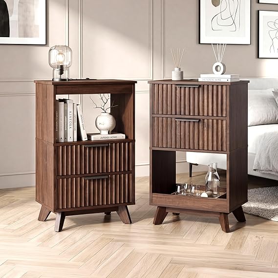 Tall Nightstand with Charging Station, Fluted Drawers & Storage Shelf