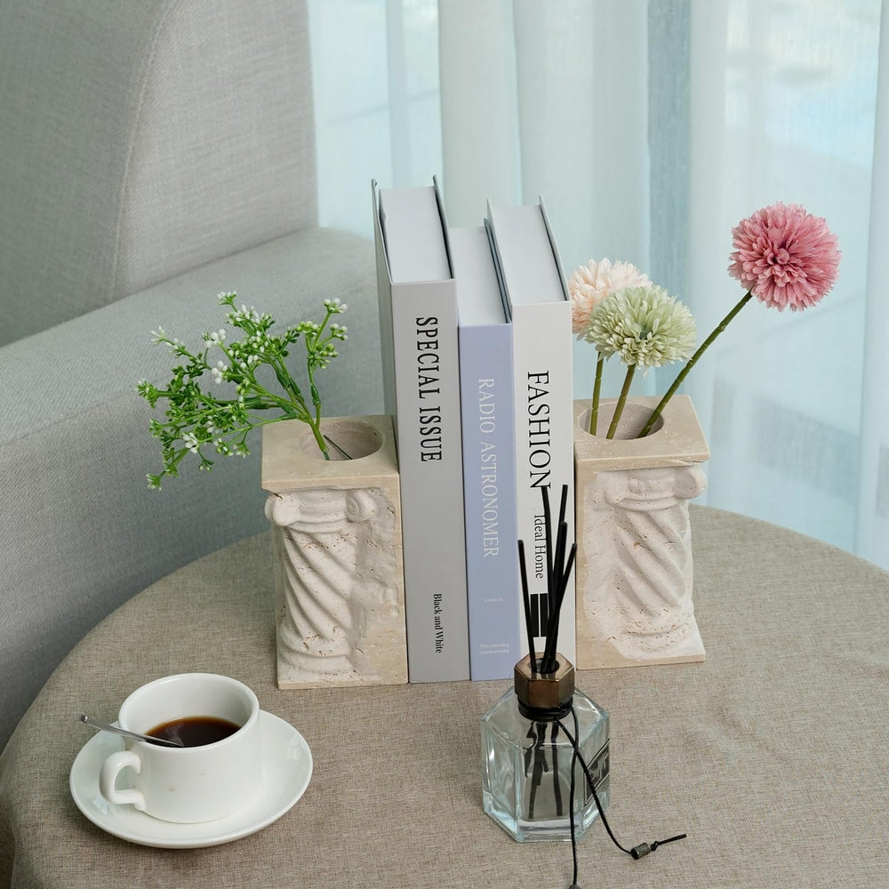 Marble Bookends with Pen Holder & Vase – Set of 2