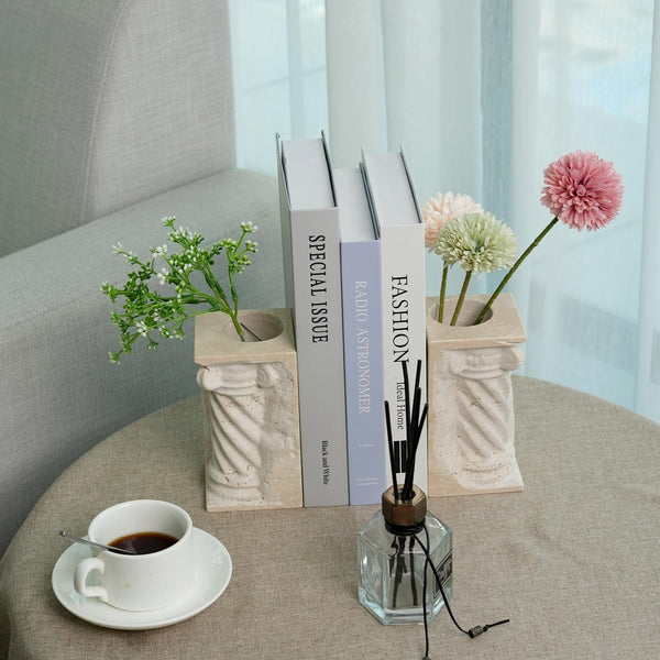 Marble Bookends with Pen Holder & Vase – Set of 2