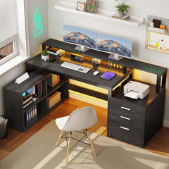 L-Shaped Desk with Drawers, LED Lights & Power Outlets