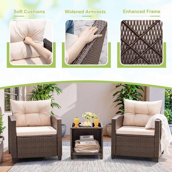3-Piece Outdoor Patio Furniture Set – PE Rattan Wicker Chairs & Table