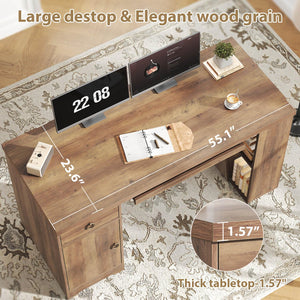 55 Inch Farmhouse Executive Desk with Drawers, Keyboard Tray & Storage Shelves