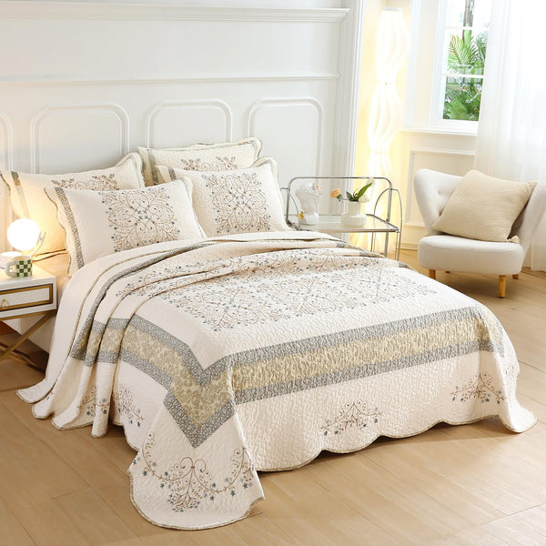 Floral Embroidered Quilt Set – 3-Piece Cotton Bedding with Pillow Shams