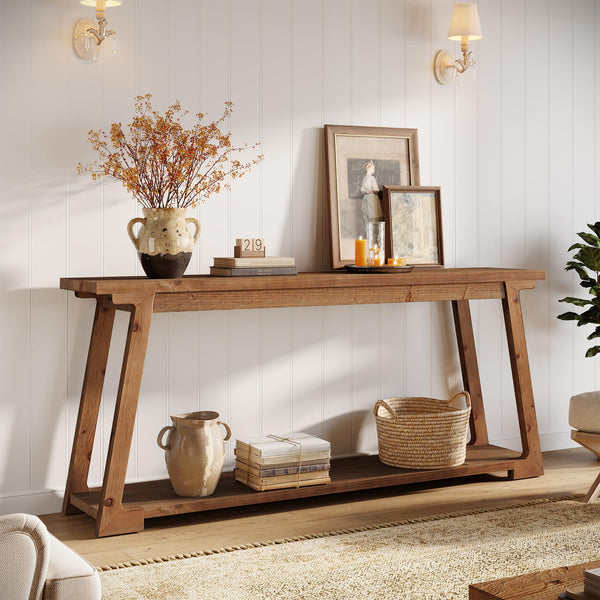 63-Inch Solid Wood Console Table with 2-Tier Storage