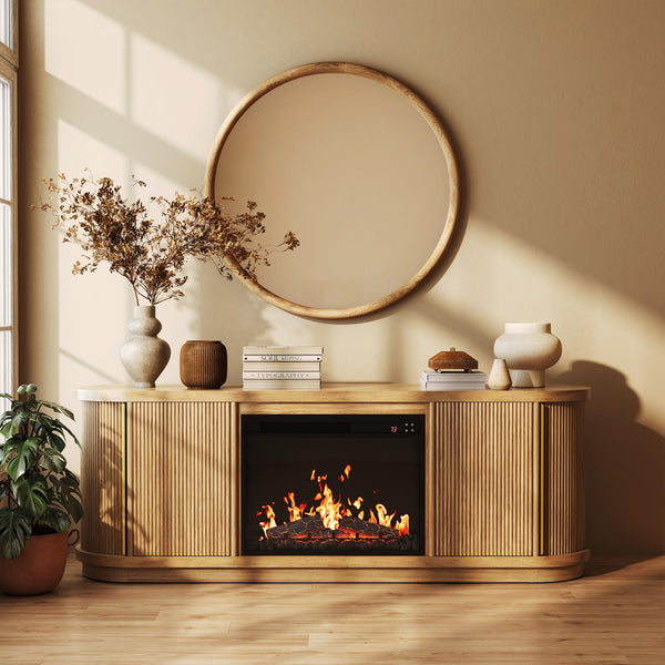 67" Fluted TV Stand with Electric Fireplace & Sliding Tambour Doors