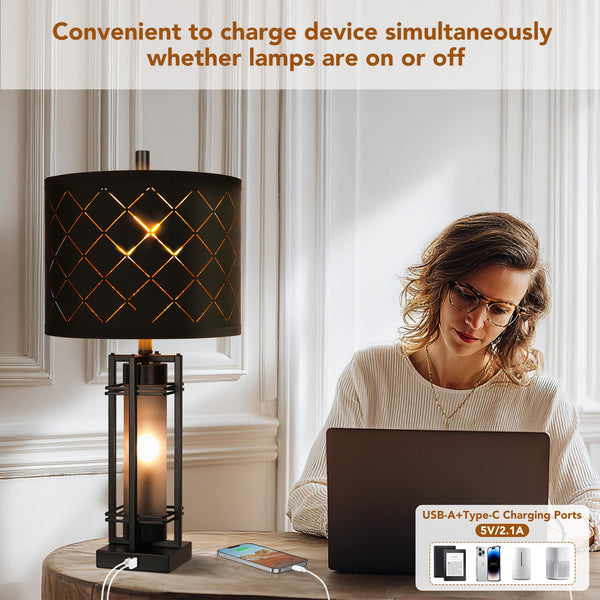 Modern Table Lamp Set of 2 with USB Charging & Black Grid Shade