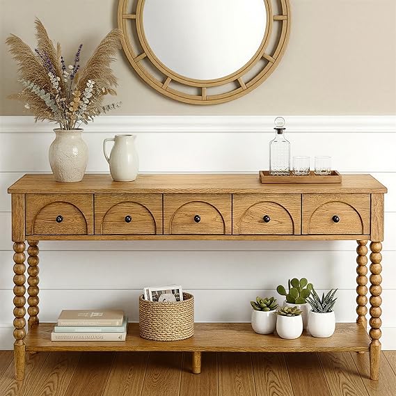 58" Narrow Console Sofa Table with Drawers & Lower Shelf