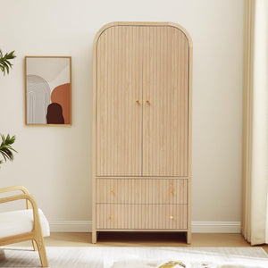 Arched Armoire Wardrobe Closet with Hanging Rod & Drawers