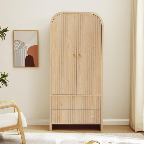 Arched Armoire Wardrobe Closet with Hanging Rod & Drawers
