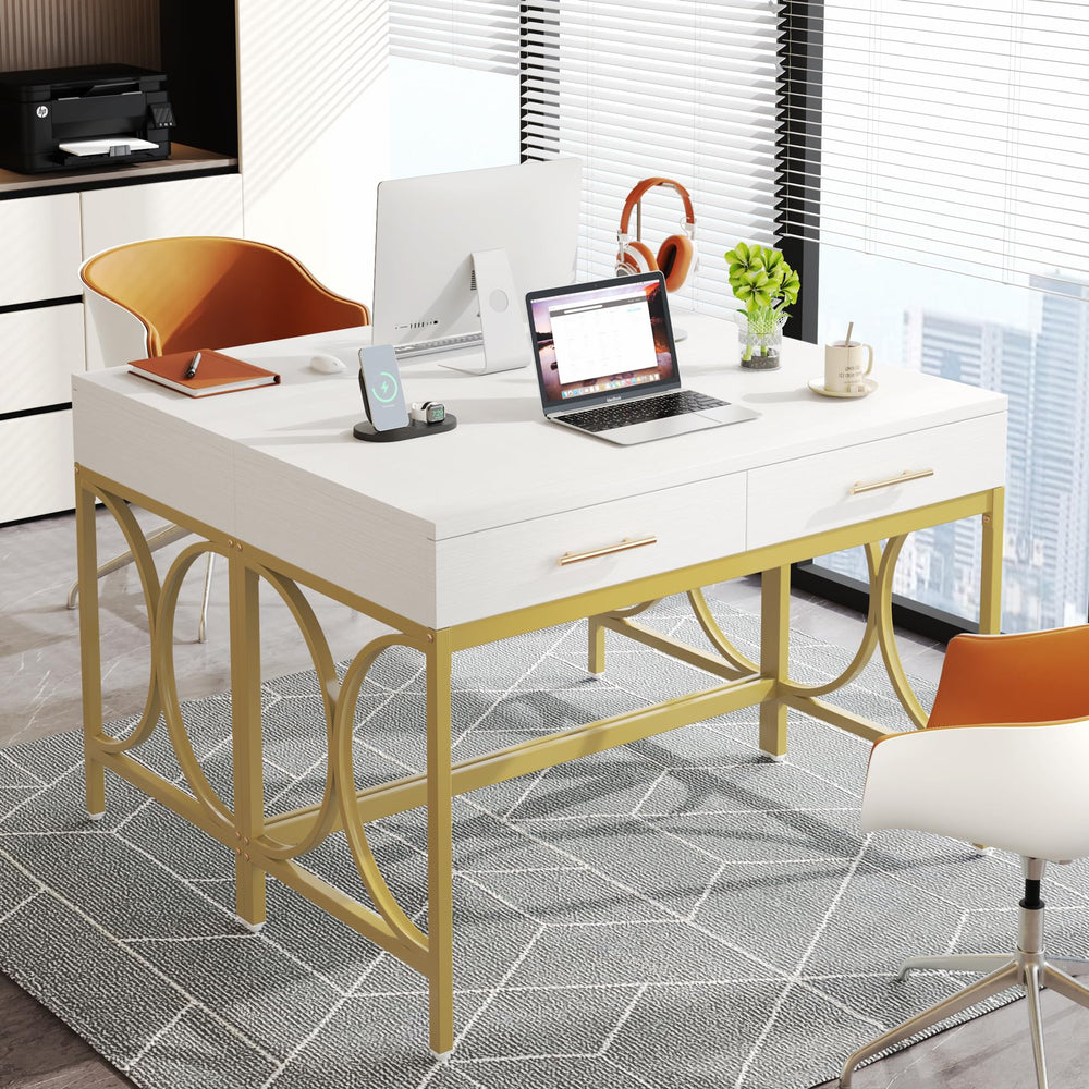 41-Inch Computer Desk with 2 Drawers – White & Gold