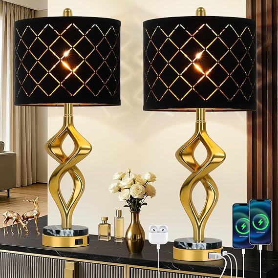 Sculptural Gold Table Lamps Set of 2 with USB Charging & Marble Base