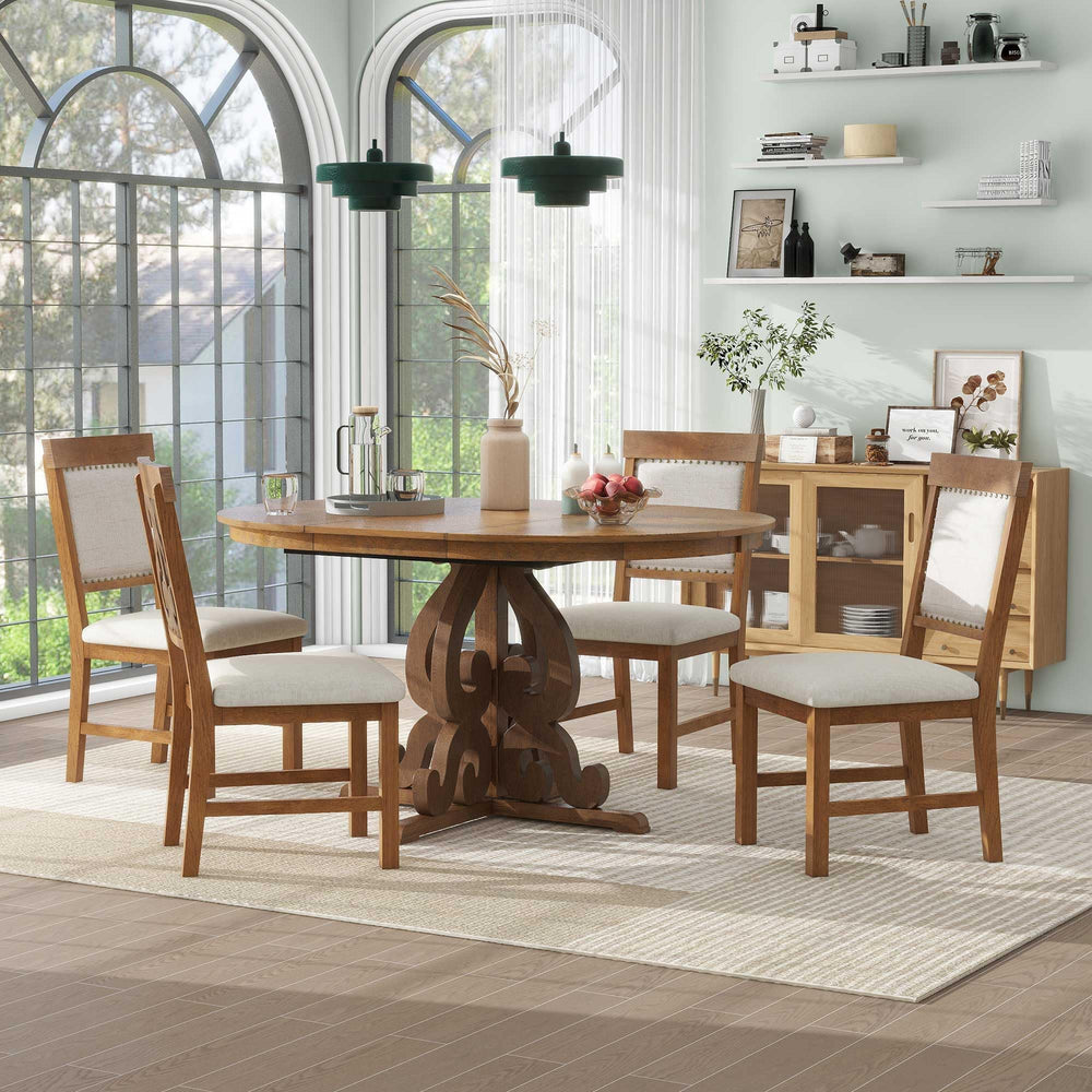 Extendable Round Dining Table Set for 4-6 with Upholstered Chairs