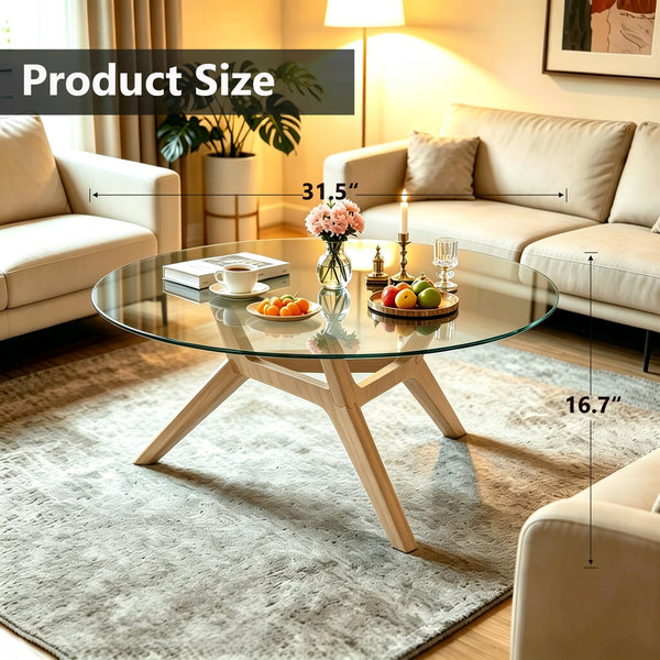 Round Glass Coffee Table with Wood Frame