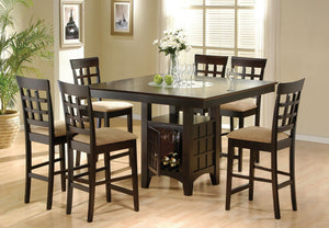 7-Piece Counter Height Dining Set – Square Wood Table with Storage, Wine Rack & 6 Upholstered Chairs