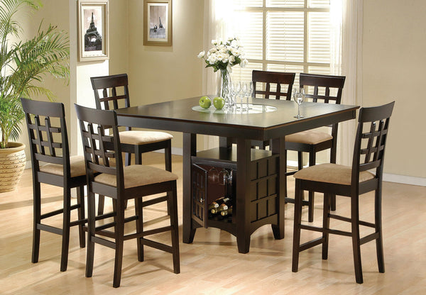 7-Piece Counter Height Dining Set – Square Wood Table with Storage, Wine Rack & 6 Upholstered Chairs