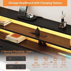Full Size Platform Bed Frame with LED Lights, Charging Station & Storage Drawers