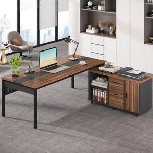 L-Shaped Executive Desk with Mobile File Cabinet & Storage Shelves