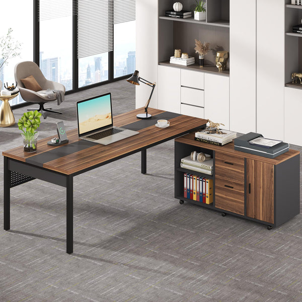L-Shaped Executive Desk with Mobile File Cabinet & Storage Shelves