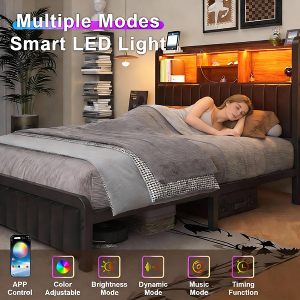 Queen & Full Platform Bed Frame with LED Lights, Storage Headboard & Charging Station
