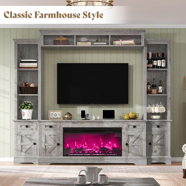 98" Farmhouse Entertainment Center with Fireplace, TV Stand & Barn Doors
