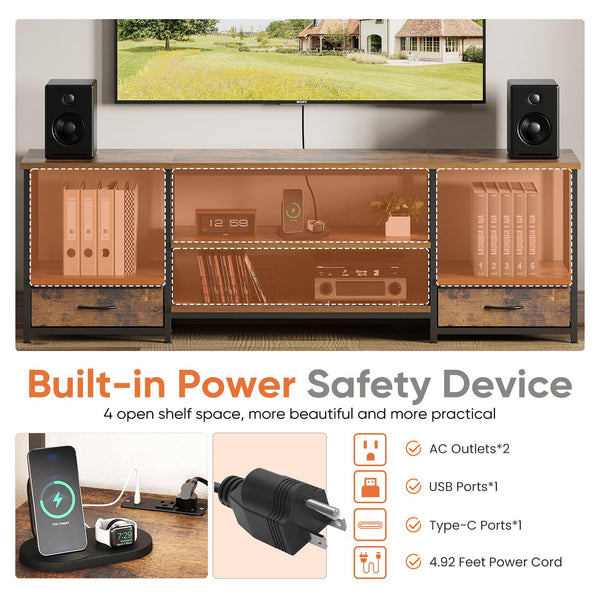 Wood TV Stand with Drawers & Charging Station