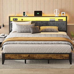 King Bed Frame with LED Headboard & Charging Station