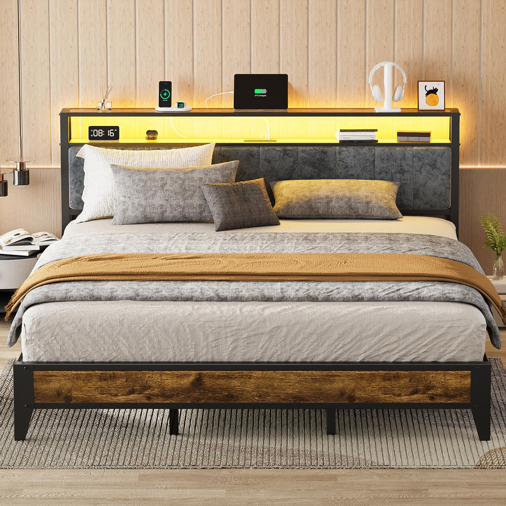 King Bed Frame with LED Headboard & Charging Station