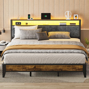King Bed Frame with LED Headboard & Charging Station