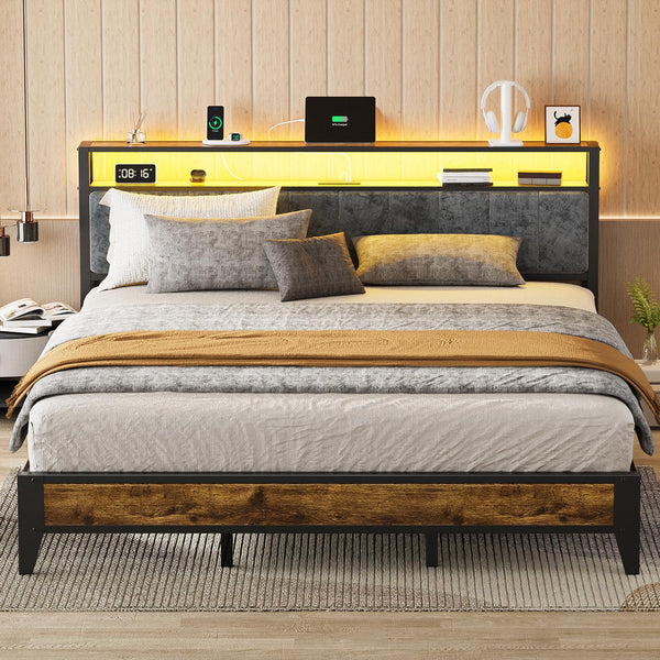 King Bed Frame with LED Headboard & Charging Station