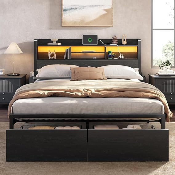 Platform Bed Frame with Storage Drawers, LED Lights & Charging Station