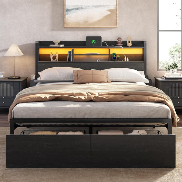 Platform Bed Frame with Storage Drawers, LED Lights & Charging Station