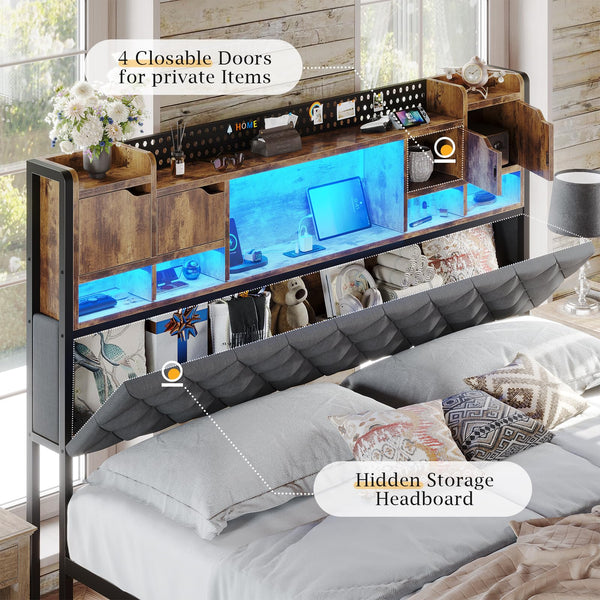 King Size Bed Frame with LED Lights & Storage Headboard