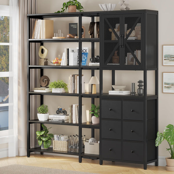 L-Shaped Corner Bookshelf with Fabric Drawers