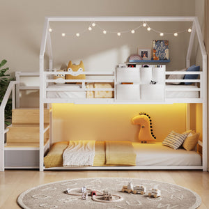 Twin Over Twin Bunk Bed with Storage Staircase & LED Lights