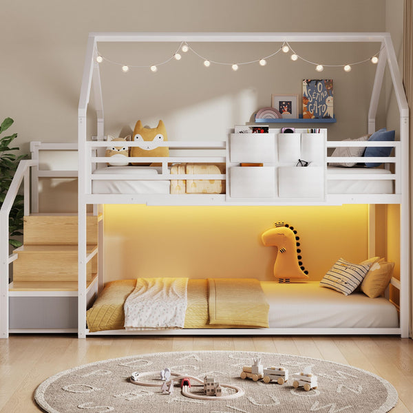 Twin Over Twin Bunk Bed with Storage Staircase & LED Lights